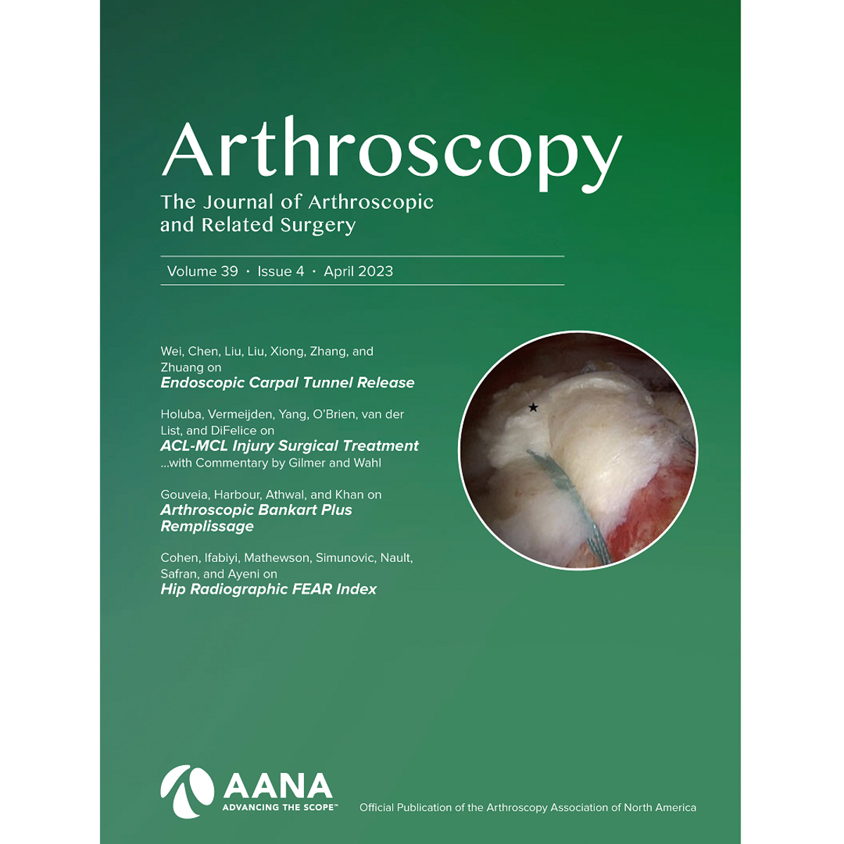 Arthroscopy: The Journal of Arthroscopic and Related Surgery封面(2023年4月,第39卷第4期)