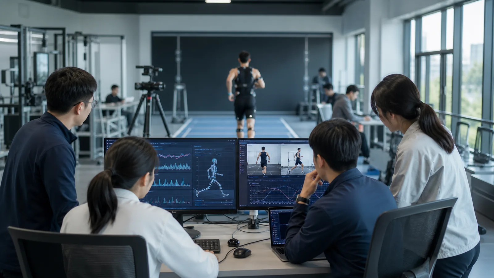 Sports scientists collaborating in a human-performance laboratory